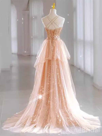 Sparkly Peach Pink Sequins Sweetheart Spaghetti Strap A-line Long Ball Gown with Tulle Panel, PD381995