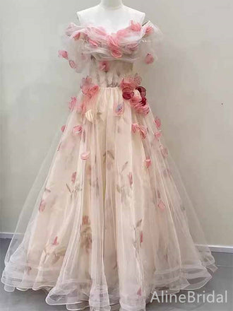 Gorgeous Light Pink 3-D Floral V-neck Strapless Appliques A-line Long Tulle Prom Dress, PD381996