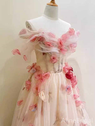Gorgeous Light Pink 3-D Floral V-neck Strapless Appliques A-line Long Tulle Prom Dress, PD381996