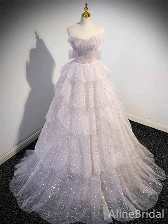 Sparkly Light Pink V-neck Off-the-Shoulder A-line Long Tiered Princess Ball Gown, PD381997