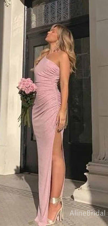 Elegant Pink One Shoulder Side Slit Mermaid Long Prom Dress,PD382003