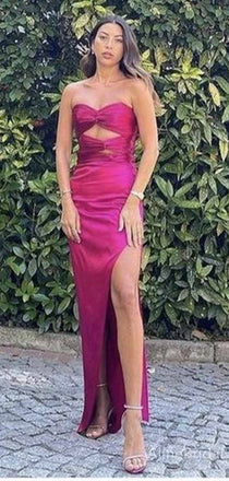 Unique Hot Pink Strapless Side-Slit Mermaid Long Prom Dress, PD382004