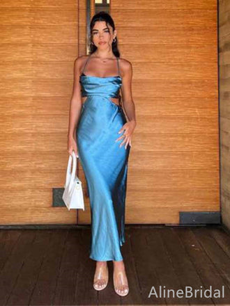 Unique Blue Spaghetti Strap Side Cut-Out Mermaid Long Prom Dress,PD382006