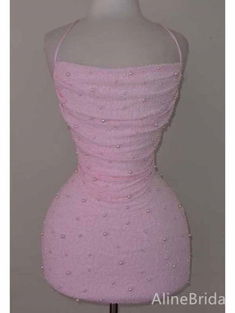 Elegant Pink Beadings Spaghetti Strap Tight Short Homecoming Dress, HD328009