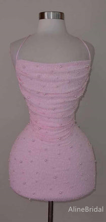 Elegant Pink Beadings Spaghetti Strap Tight Short Homecoming Dress, HD328009