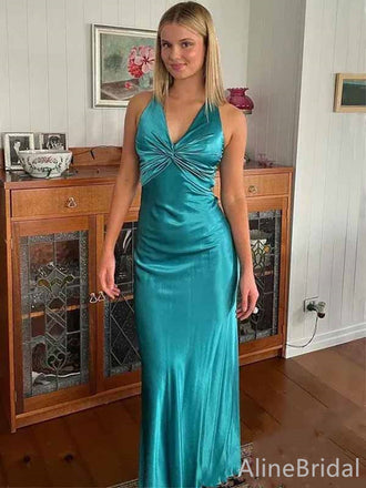 Gorgeous Green V-neck Criss-Cross Back Long Prom Dress, PD382017