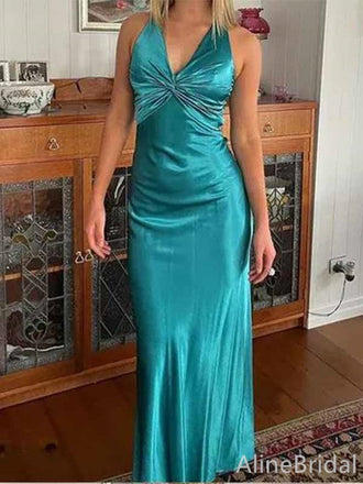 Gorgeous Green V-neck Criss-Cross Back Long Prom Dress, PD382017