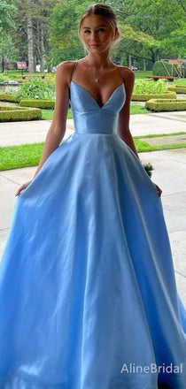 Simple Blue V-neck Spaghetti Strap A-line Long Prom Dress, Evening Gown, PD382022