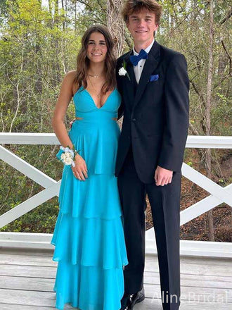 Elegant Blue V-neck Spaghetti Strap A-line Long Tiered Prom Dress with Cut-Out, PD382023