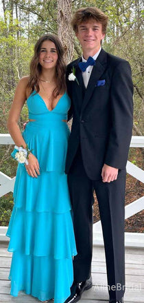 Elegant Blue V-neck Spaghetti Strap A-line Long Tiered Prom Dress with Cut-Out, PD382023