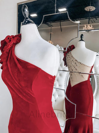 Sexy Red Velvet One Shoulder Sleeveless Mermaid Long Prom Dress, Evening Gown, PD3695