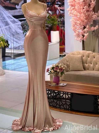 Elegant champagne V-neck Pleated Long Mermaid Prom Dress, PD382031