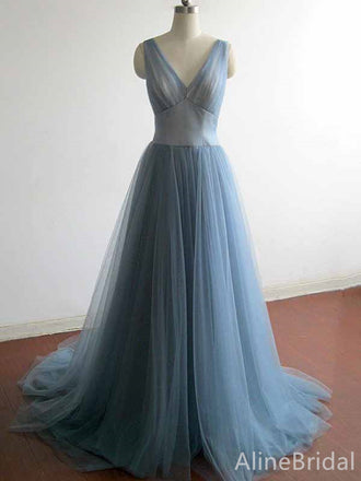 Elegant V-neck Grey Blue A-line Long Tulle Prom Dress, PD382037