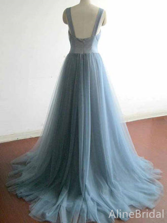 Elegant V-neck Grey Blue A-line Long Tulle Prom Dress, PD382037