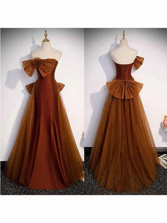 Gorgeous Burnt Orange Strapless A-line Long Prom Dress with Striking Bow, PD382038