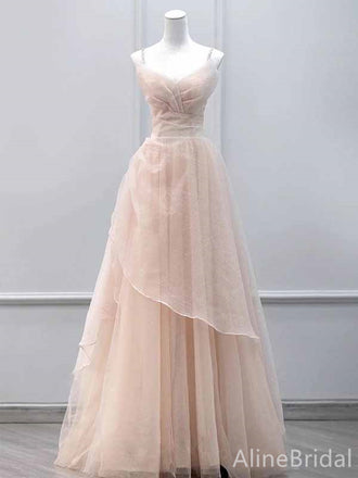Pastel V-neck Spaghetti Strap Pleated A-line Long Tulle Prom Dress, PD382041