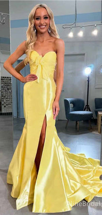 Stunning Yellow Sweetheart Side Slit Strapless Mermaid Long Prom Dress with Train, PD382047