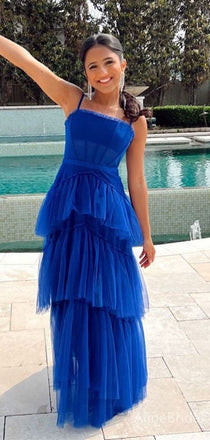 Elegant Royal Blue Spaghetti Strap Tiered Tulle A-line Long Prom Dress, PD382059