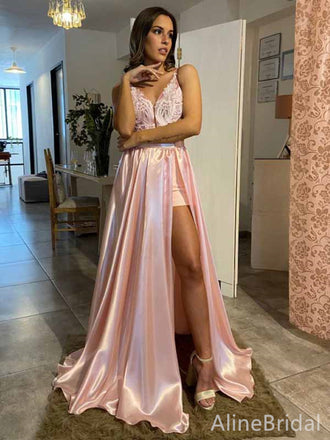 Elegant Pink Spaghetti Strap Lace Applique A-line Long Prom Dress with Slit, PD382060