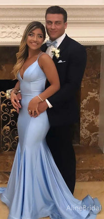 Elegant Blue V-neck Spaghetti Strap Mermaid Prom Dress, Evening Dress, PD382062
