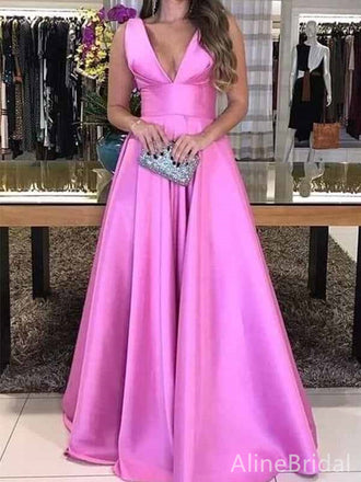 Elegant Hot Pink V-neck A-line Long Prom Gown, Evening Dress, PD382067