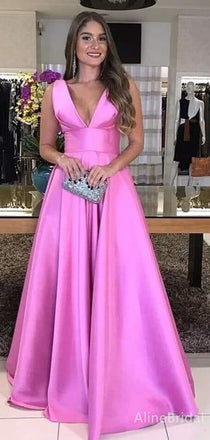Elegant Hot Pink V-neck A-line Long Prom Gown, Evening Dress, PD382067