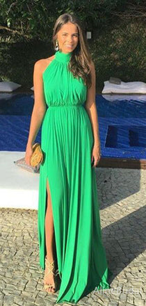Simple Green Split Side A-line Long Prom Dress, Halter Evening Dress, PD382068