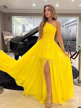 Elegant Yellow One-Shoulder A-line Long Prom Dress with Side Slit, Evening Dress, PD382075