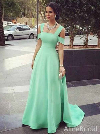 Elegant Green Square Off-the-Shoulder A-line Long Prom Dress, Evening Dress, PD382077