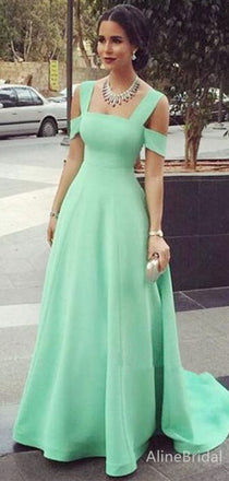 Elegant Green Square Off-the-Shoulder A-line Long Prom Dress, Evening Dress, PD382077