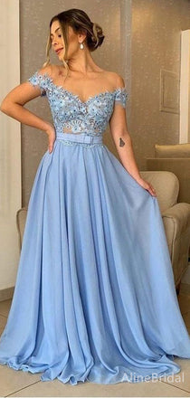 Gorgeous Blue Off-the-Shoulder Lace A-line Long Prom Dress, Evening Dress, PD382080