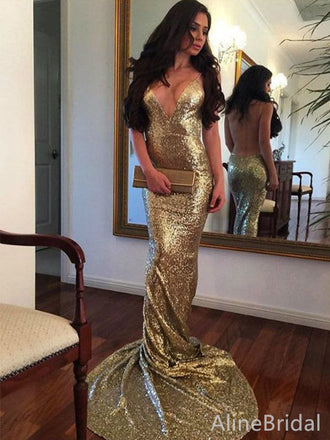 Sparkly Gold V-neck Backless Long Mermaid Prom Dress, Evening Dress, PD382081
