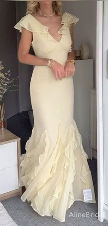 Elegant Yellow V-neck Ruffle Long Mermaid  Prom Dress, Evening Dress, PD382084
