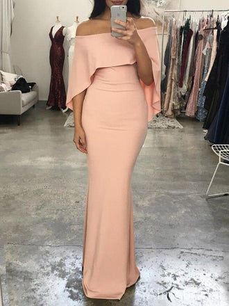 Elegant Light Peach Pink Off-Shoulder Long Mermaid Prom Dress with Cape, Evening Dress, PD382086