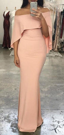 Elegant Light Peach Pink Off-Shoulder Long Mermaid Prom Dress with Cape, Evening Dress, PD382086