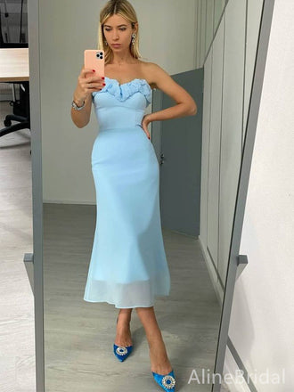 Elegant Blue Sweetheart Strapless Midi Prom Dress, Evening Dress, PD382087