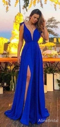 Elegant Deep V-neck Royal Blue A-line Long Prom Dress, Evening Dress, PD382094