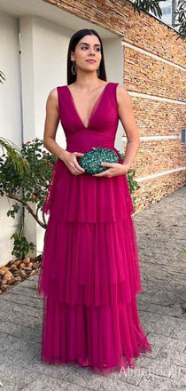Elegant Fuchsia V-neck A-line Layered Tulle Long Prom Dress, Evening Dress, PD382102