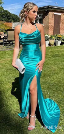 Elegant Teal Spaghetti Strap Cowl Neck Long Mermaid Prom Dress with Side Slit, Evening Dress, PD382103