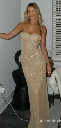 Sparkly Champagne Gold Strapless Mermaid Prom Dress, Evening Dress, PD382061
