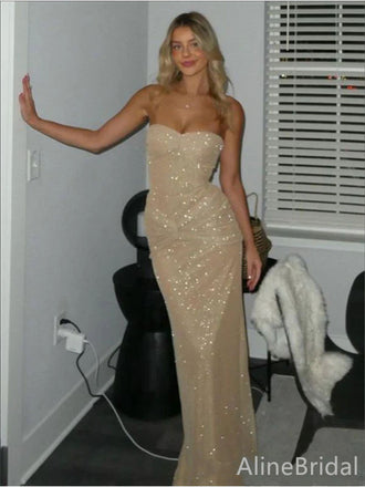 Sparkly Champagne Gold Strapless Mermaid Prom Dress, Evening Dress, PD382061