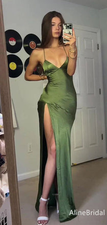 Sexy Green V-neck Spaghetti Strap Long MermaidnProm Dress with High Slit, Evening Dress, PD382121