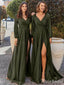 Simple V-neck Long Sleeves Split Side Long Bridesmaid Dress,PD3218