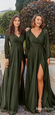 Simple V-neck Long Sleeves Split Side Long Bridesmaid Dress,PD3218