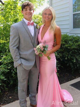 Elegant Pink V-neck Halter Backless Maxi Mermaid Prom Dress, Evening Dress, PD382137