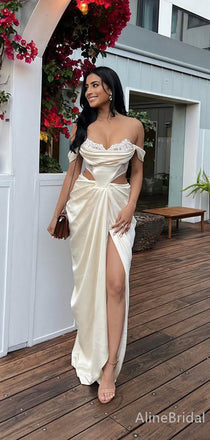 Stunning Ivory Off-Shoulder Pleated Long Mermaid Prom Dress with Slit, Evening Dress, PD382139