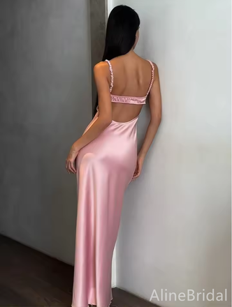 Elegant Pink Spaghetti Strap Backless Mermaid Long Prom Dress, Evening Dress, PD382140
