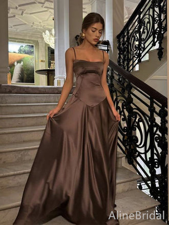 Minimalist Brown Spaghetti Strap A-line Long Prom Dress, Evening Dress, PD382158