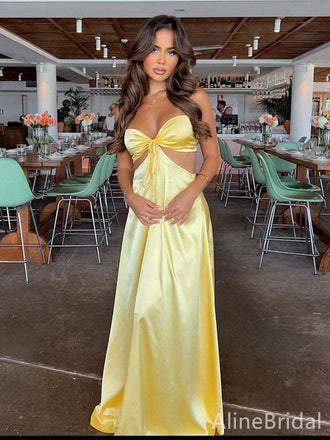 Elegant V-neck Yellow Spaghetti Strap A-line Long Prom Dress,Evening Dress,PD382160
