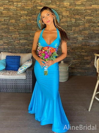 Elegant V-neck Blue Mermaid Long Prom Dress,Evening Dress,PD382166